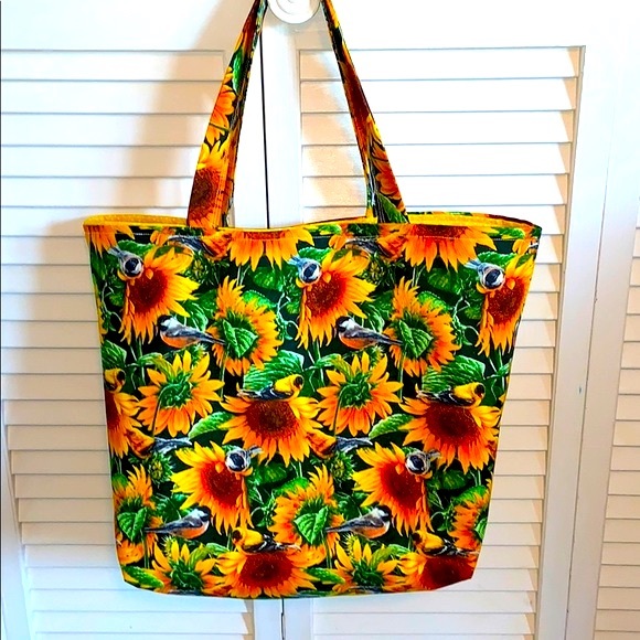 Hand Crafted Handbags - Hand Crafted All Purpose Reusable 100% Cotton Sunflower Tote Bag